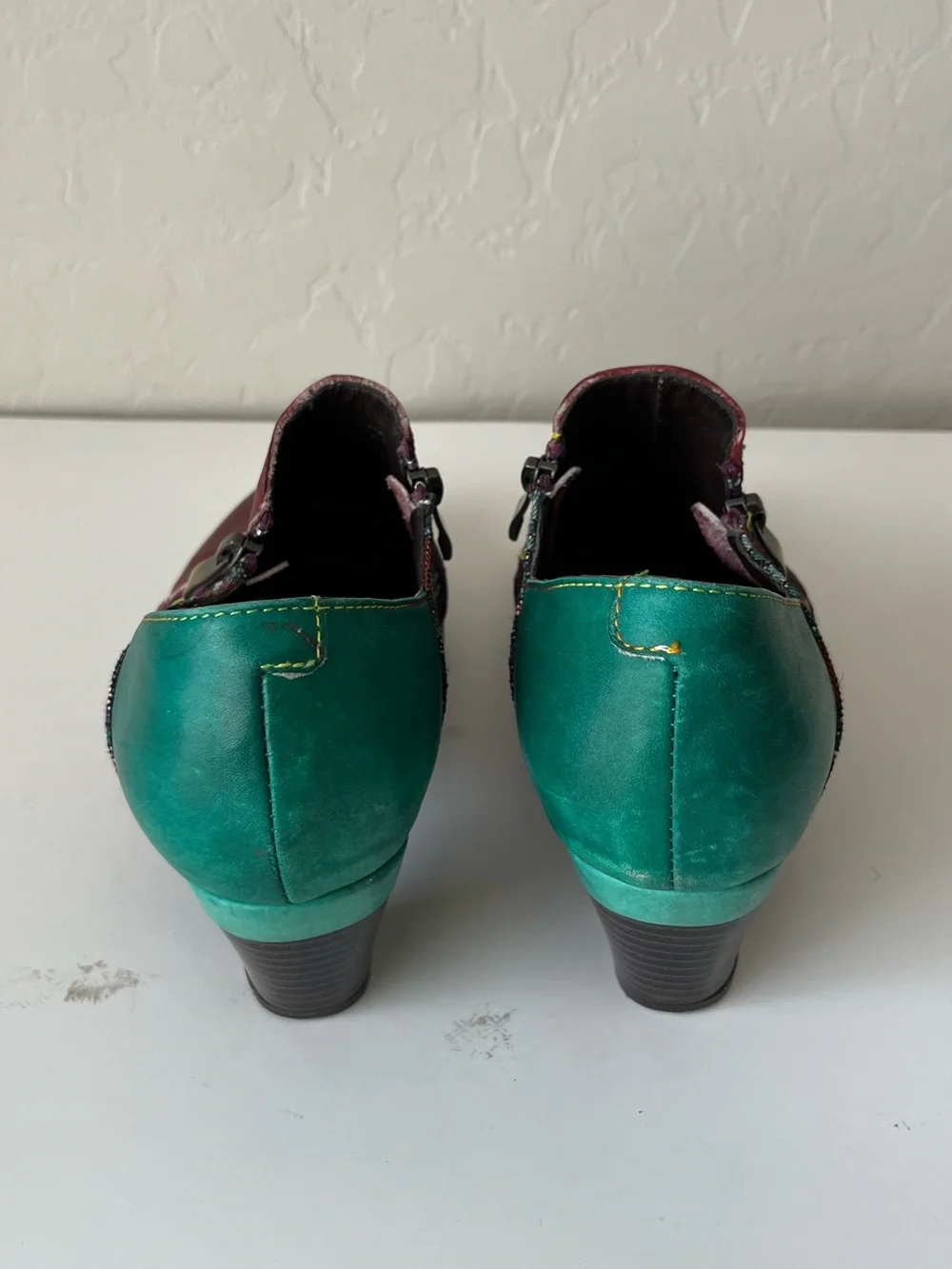 Socofy Boho Eclectic Leather Ankle Boots Booties Burgundy Turquoise Size 39